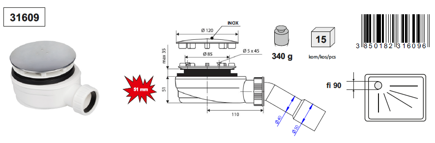 LOŽ SIFON ZA TUŠ KADU FI 90 NISKI H=51